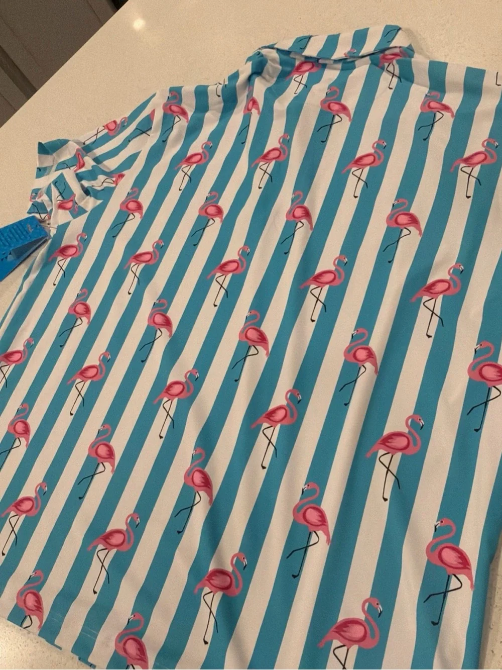 Mens Birdie Bound Blue and White Stripe Flamingo Golf Polo Shirt 2XL